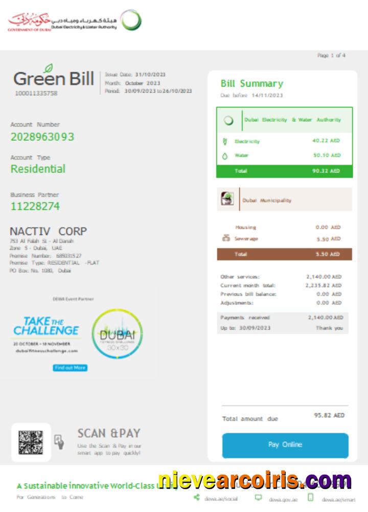 Dubai Electricity & Water Authority utility business bill page 1